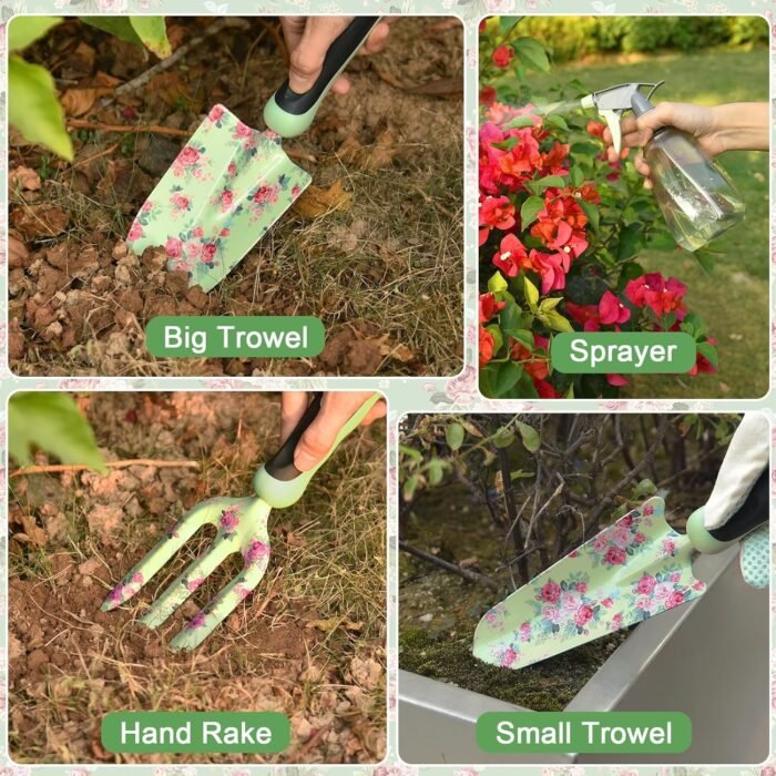 17" x 19" garden tote with 8 external pockets and elastic cord for organization, made with durable 600D Oxford cloth.