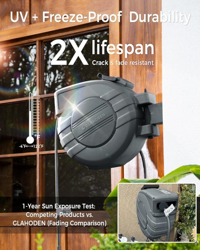 The retractable garden hose being pulled out easily for watering various areas of the garden.