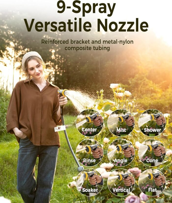 The retractable garden hose with 3/4" solid brass connectors ensuring a secure, leak-free connection.