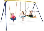 Swing Set for Kids showing the full assembly with baby swing, belt swing, and large platform swing.