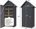 storage shed focusing on the lockable door mechanism, metal frame, and stainless steel hinges for security against porch pirates.