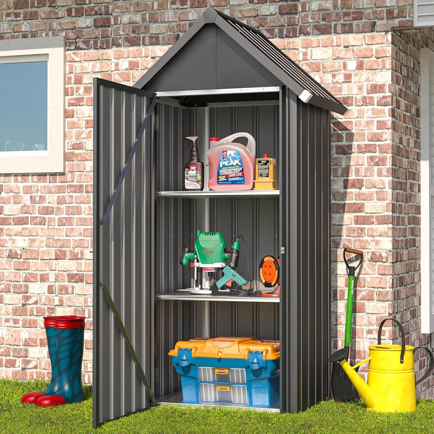 AECOJOY Tall Vertical Outdoor Storage Shed storage shed full view showing the tall, vertical profile and dark grey metal construction suitable for outside use.