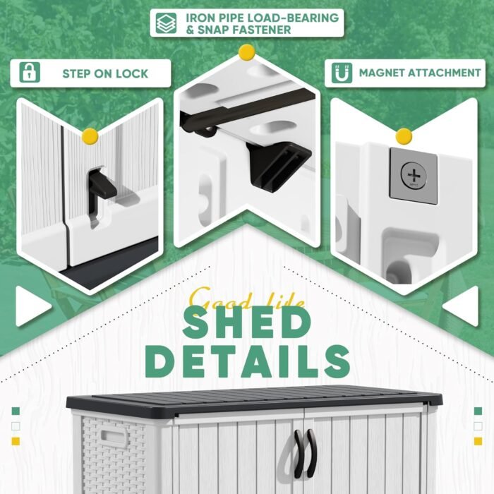 shed focusing on the safe storage features, including the foot switch with bottom pin and top magnet for secure closure.